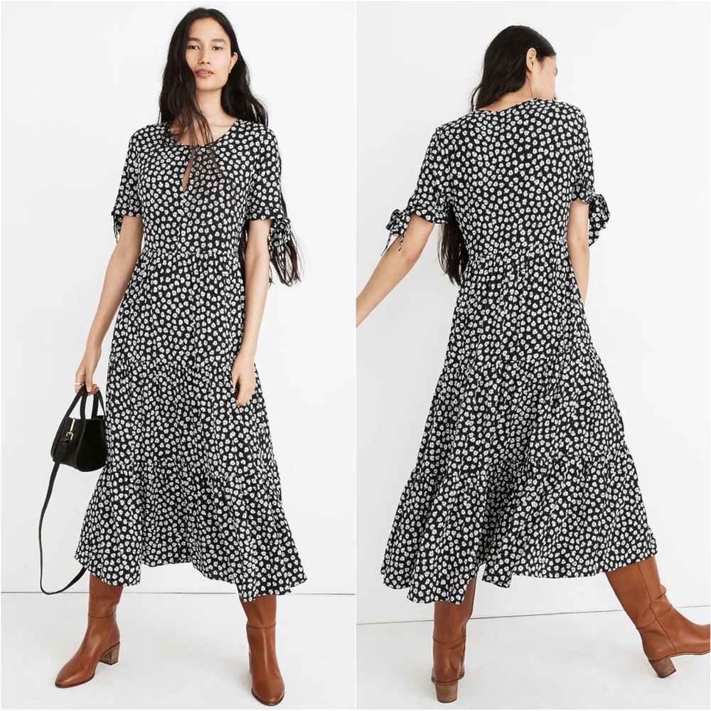 Madewell Dress Tie-Sleeve Tiered Midi in Woodcut Flowers Marlow Floral Black 10